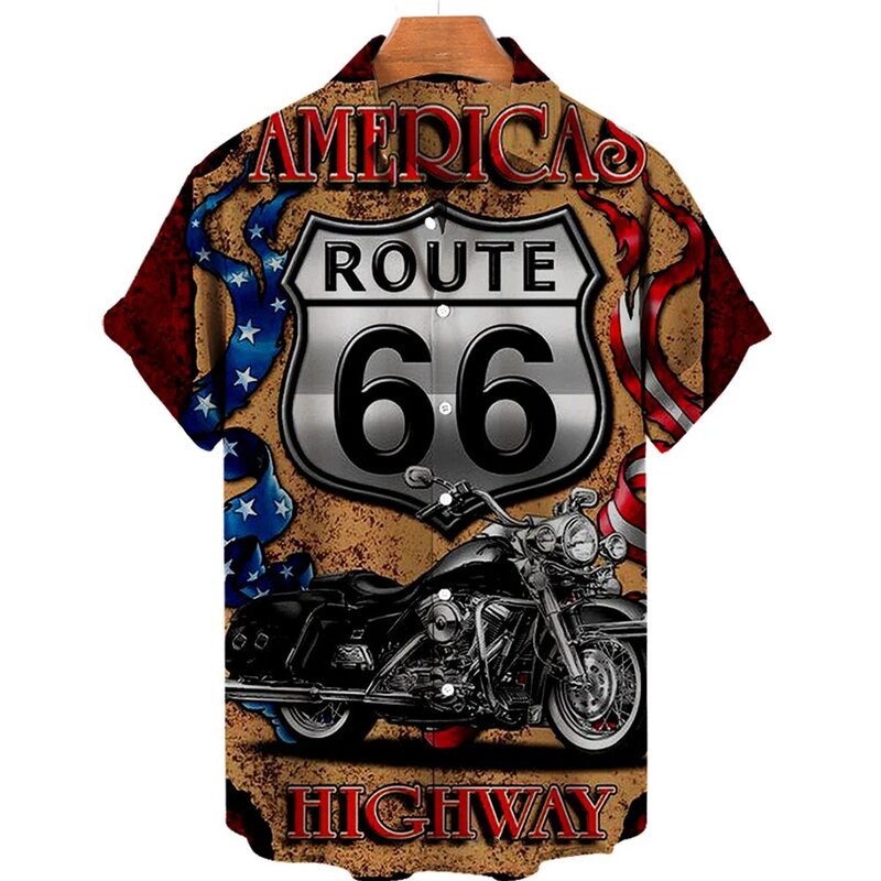 Hawaii neue Herren hemd Route 66 Street Classic 3D gedruckt Kurzarm T-Shirt Rockmusik Revers plus Größe Mann Top Vintage Kleidung