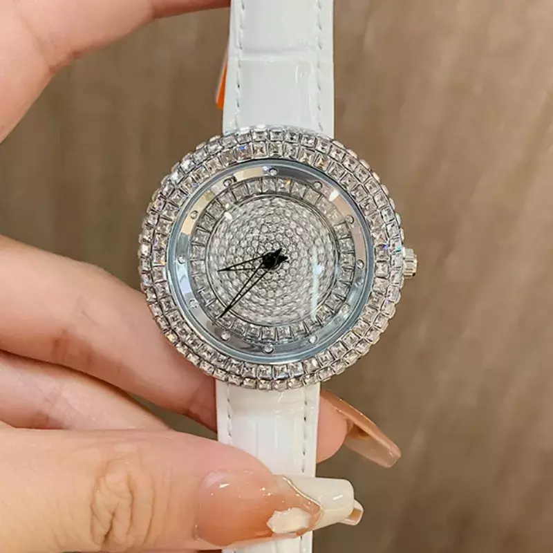 Temperament kobiety oglądają obracający się z pełnym diamentem luksusowy damski zegarek kwarcowy minimalistyczny pasek rekreacyjny prezent dla dziewczyny Relojes Mujer