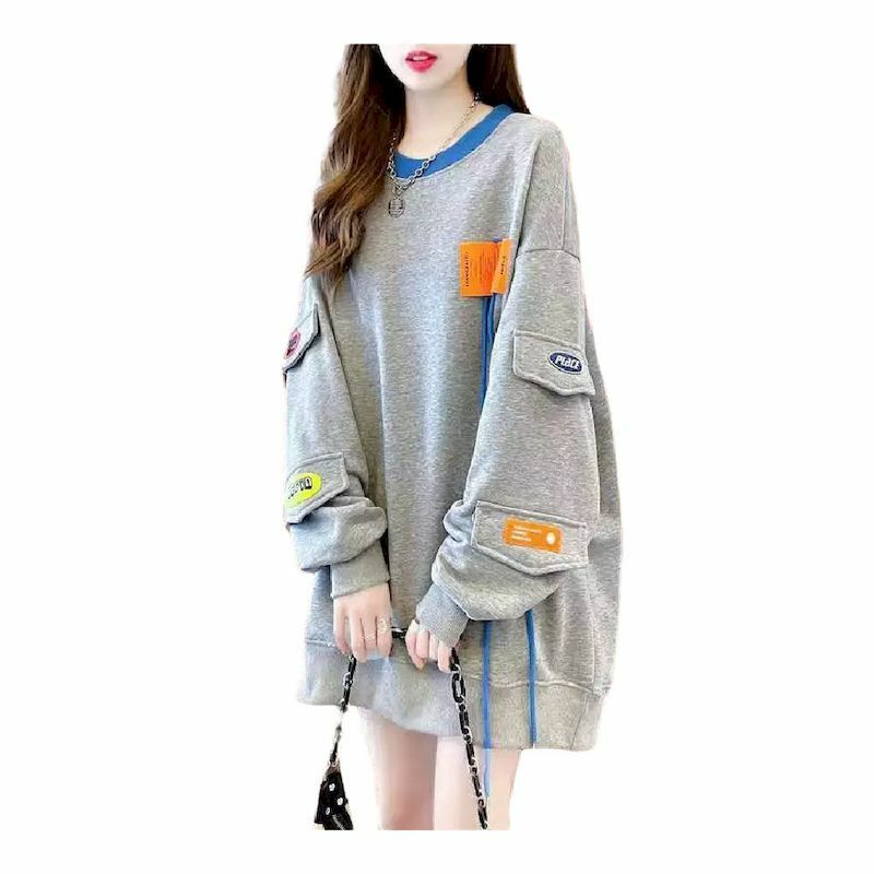 Musim Semi Pullover Tipis Wanita Korea Pertengahan Panjang Atasan Warna Kontras Desain Niche Pullover Lengan Panjang Longgar Semua Pertandingan Jaket