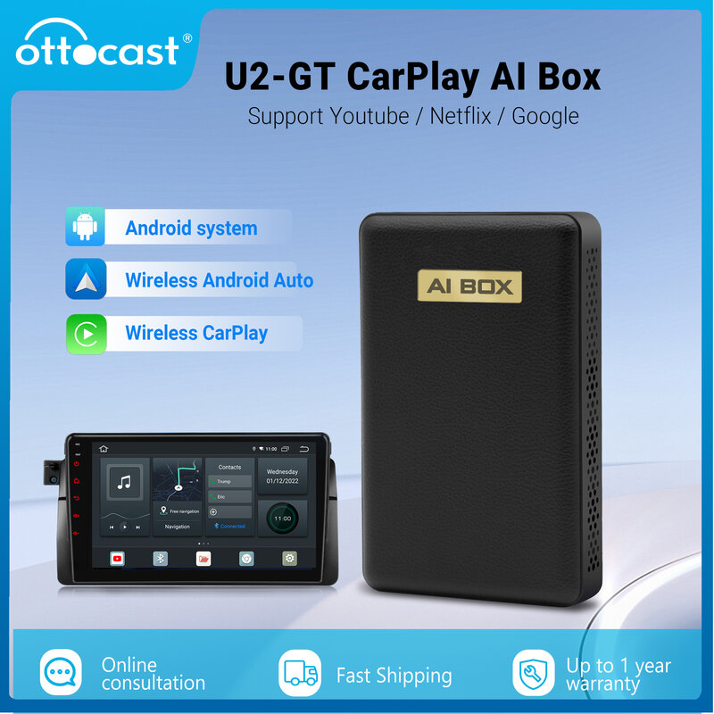 OTTOCAST-Caixa sem fio Android Auto CarPlay AI, U2 GT, Spotify, Netflix, TV, caixa inteligente para VW, Toyota, Hyundai, Ford, Volvo