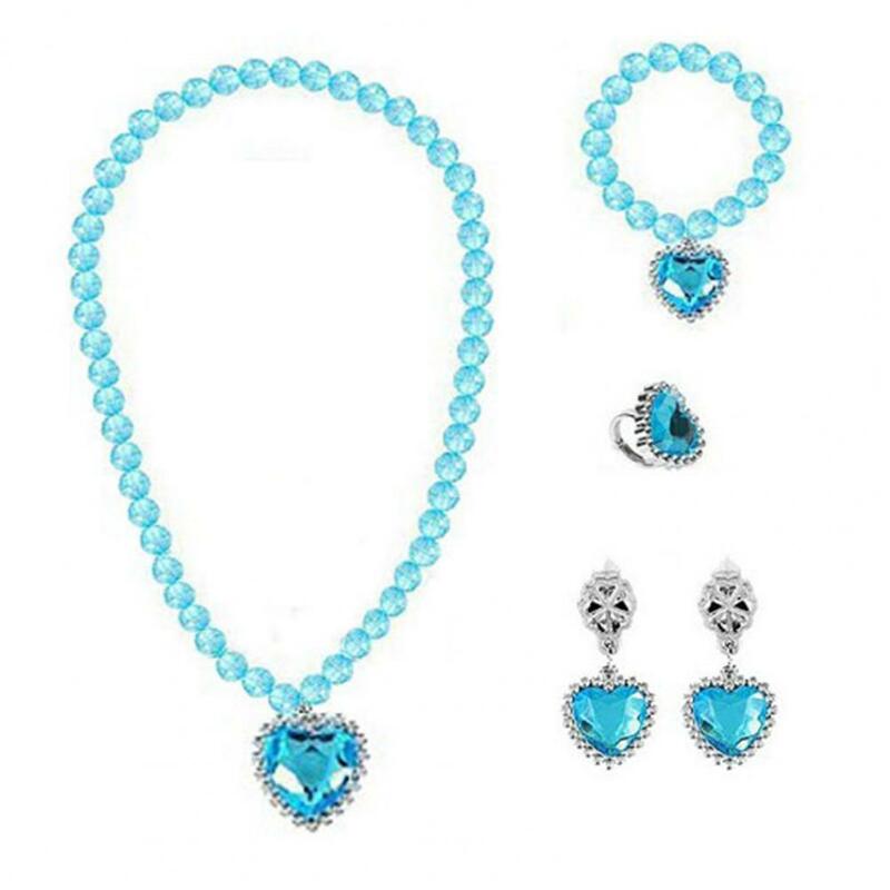 1 Set Girls Necklace Toy Colored Beaded Elegant Pretend Play Rhinestone Love Heart Bracelet Earring Ring Kit Princess Jewelry