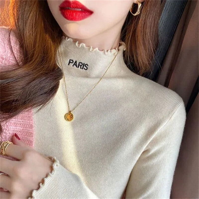 New Turtleneck Jumper Woman Knitted Blouses Fashion Ladies Sweaters Winter 2023 Thermal Striped Long Sleeve Autumn Warm Tops