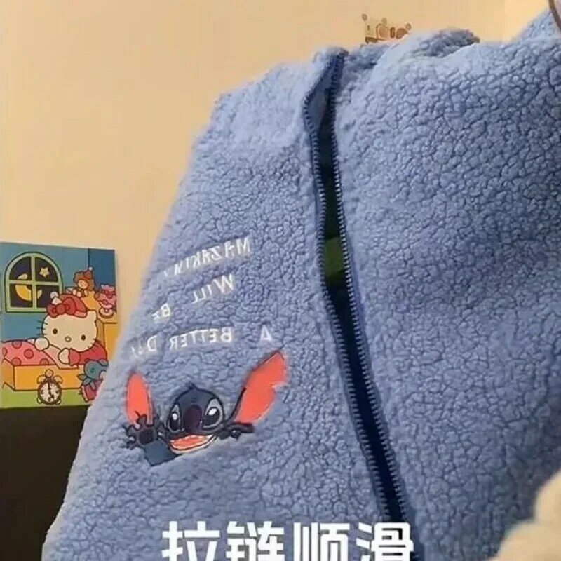 Disney Stitch blau Plüsch Mäntel niedlichen Catroon Stickerei Design Jacken Langarm Reiß verschluss warme Parkas Freizeit mantel für Frauen