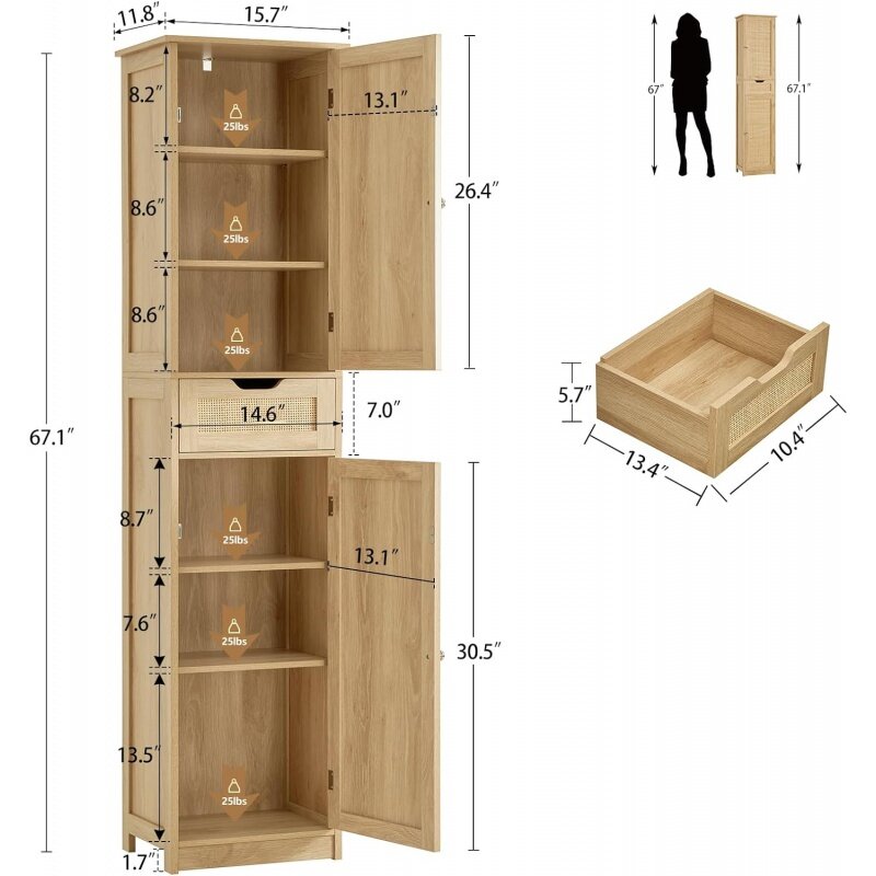 Iwell armario de baño alto con puertas, armario de almacenamiento de ratán con estantes ajustables, armario de lino estrecho independiente para Li