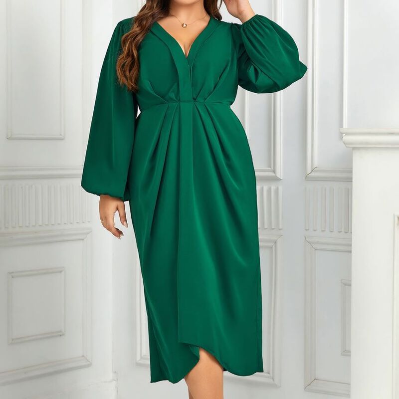 여성용 대형 드레스, 2023 신상 캐주얼 단색, 브이넥 긴팔, 우아한 이브닝 드레스, 패션 플러스 사이즈, 여성 의류
