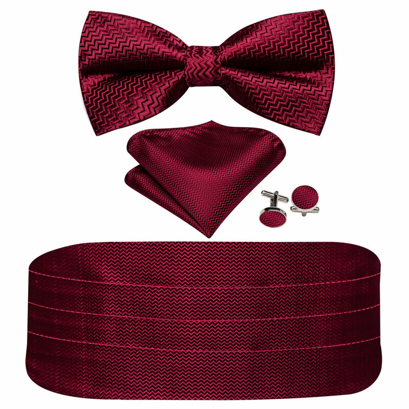 Elegant Wine Red Men Silk Cummerbund For Tuxedo Classic Wave Bowtie Pocket Square Cufflinks Sets Wedding Party Barry.Wang 1067