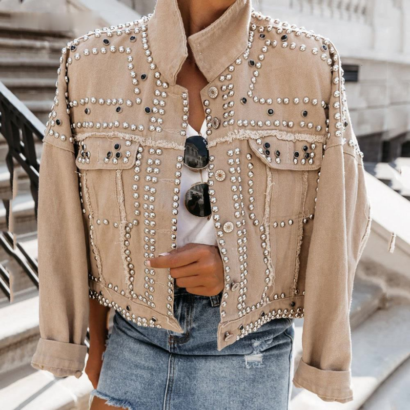 Women Outwear Studded Denim Jacket 2022 Spring Autumn Lapel Loose Single Breasted Buckle Casual Short Jeans Coats