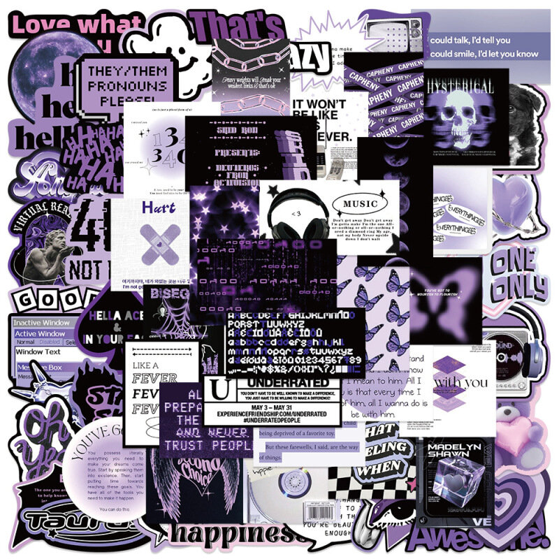Stiker Punk hitam ungu gaya INS, stiker grafiti kartun Gotik tahan air 10/25/50 buah