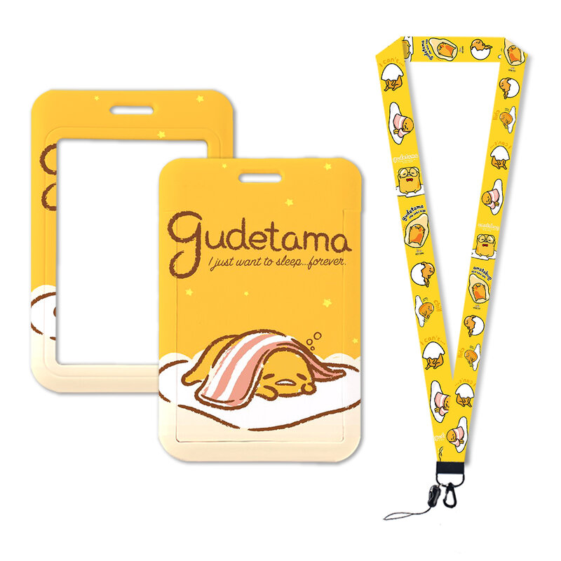 W Sanrio-soporte para tarjeta de identificación Gudetama, correa para el cuello, Clip retráctil, funda para tarjeta de crédito, llavero, soporte para insignia
