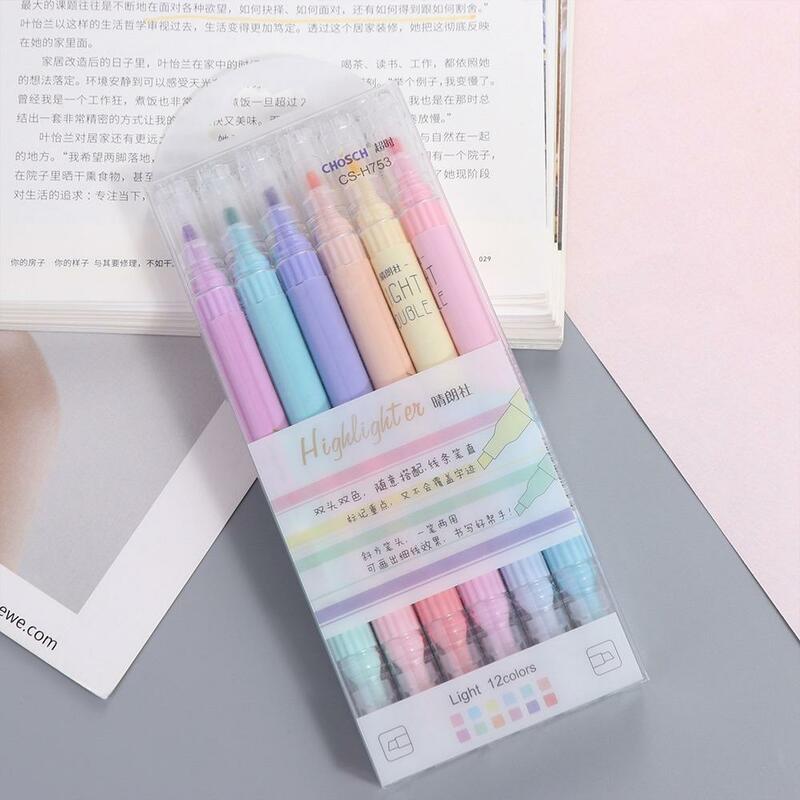6Pcs/set Graffiti Double-headed Highlighter Pen Cute Candy Colors Fluorescent Pen 12 Colors Kawaii Highlighter Pen Office