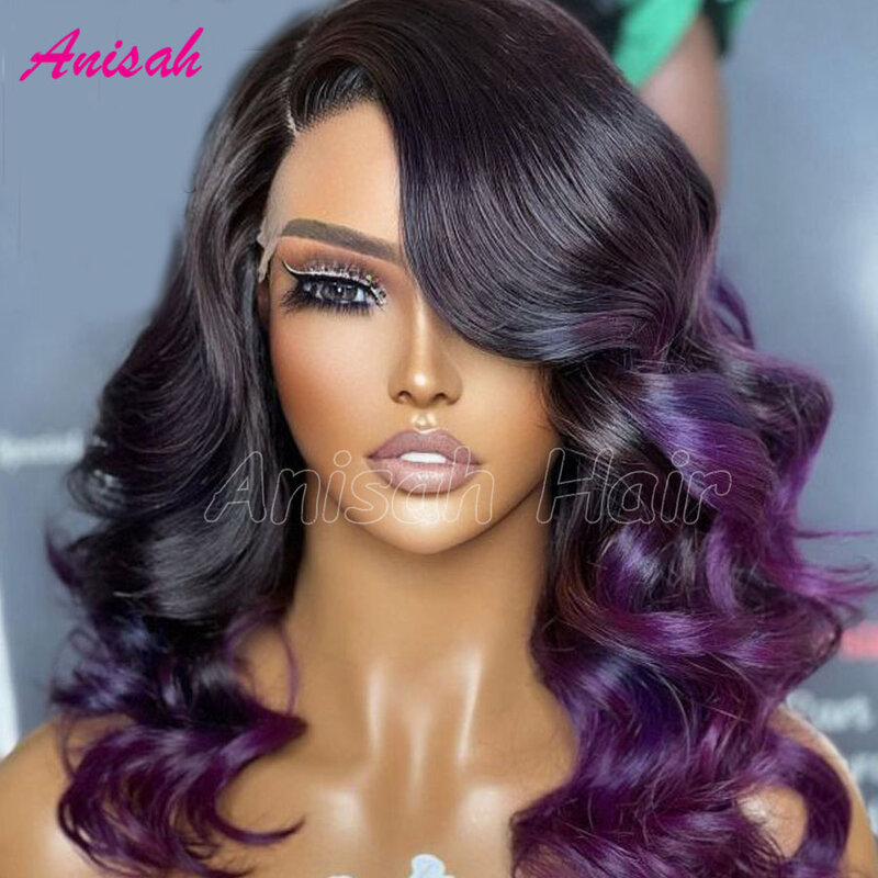 Perruque Lace Front Wig sans colle naturelle, cheveux vierges, couleur violette ombrée, 4x4, 13x4, avec baby hair, 100% de densité, pour femmes