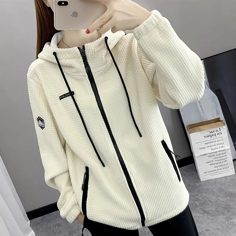 Female Advanced Hood Outdoor Fleece Jacket For Women's New Autumn Winter Plush And Thick Insulation Cardigan, Loose Casual Top
