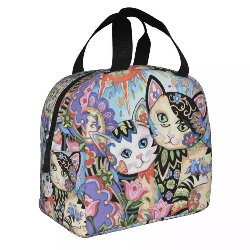 Ланчбокс с изображением цветов и кошек, герметичный термоохладитель для еды, изолированная сумка для обедов для детей, школьная сумка-тоут для работы и пикника, многоразовые
