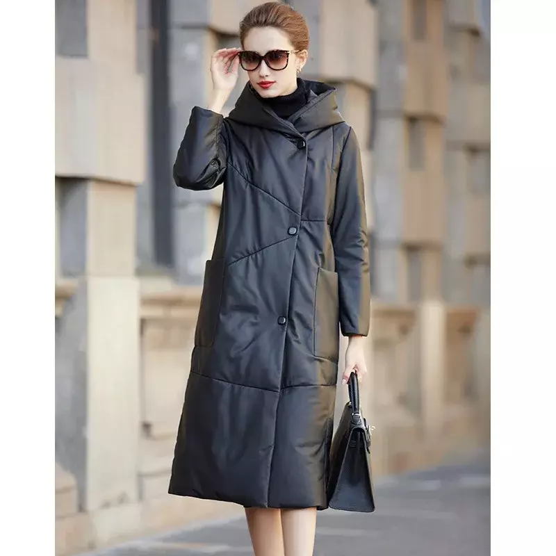 Tcyeek 2023 piumini caldi invernali cappotto elegante in pelle di pecora da donna con cappuccio giacca in vera pelle allentata abbigliamento donna muslimlm