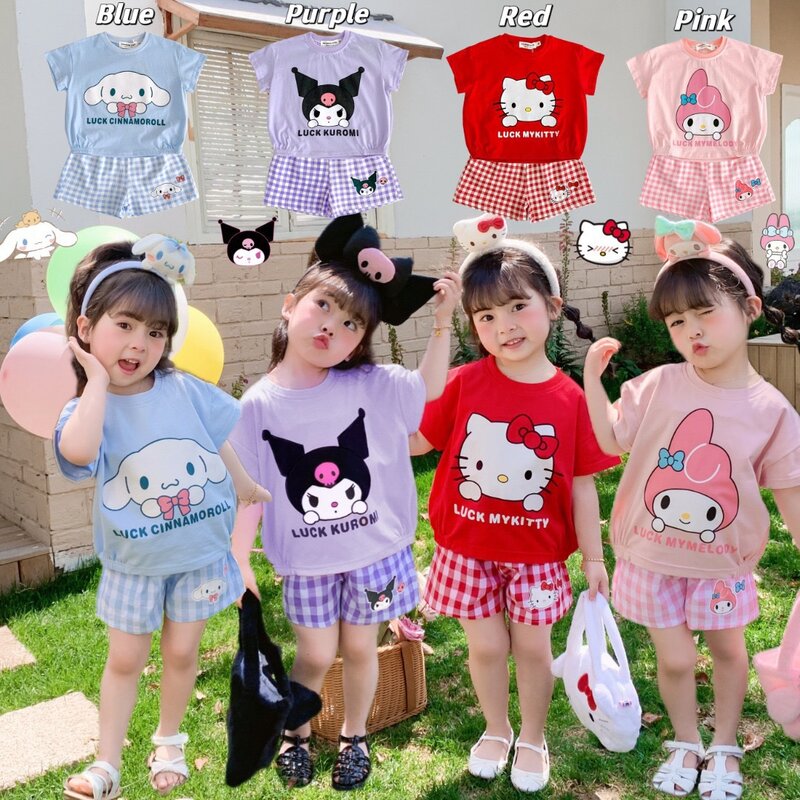 Pyjama d'été Kawaii Sanurgente pour enfants, ensemble de vêtements pour filles, chemise de nuit Anime, pantalon trempé, Kuromi, Cinnamoroll, Hello Kitty, My Melody