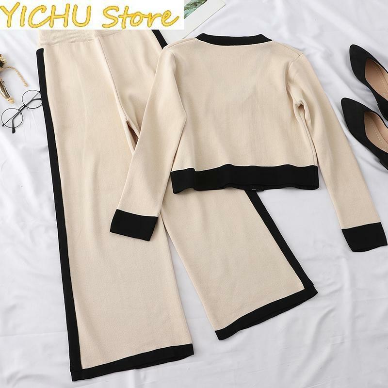 New Knitting 2 Piece Sets Womens Outfits Autumn Solid V Neck 2 Button Long Sleeve Casual Sets Full Length Pant Sets