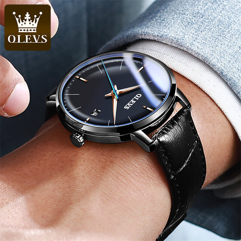 Olevs-メンズ機械式防水時計、レザーストラップ、カレンダー時計、高級ファッション、トップブランド