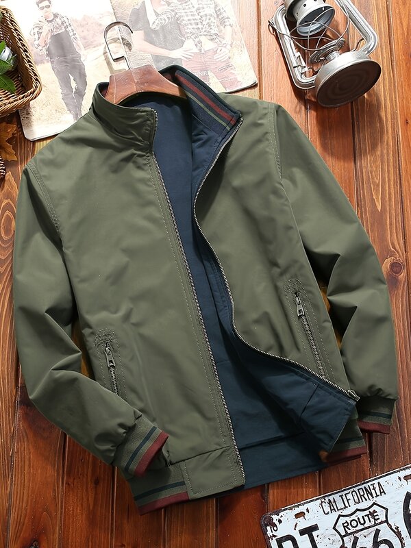 Men's Sports Jacket Coat Lapel Zipper Pockets Windproof Ribbed Cuff Coat For Daily Wear