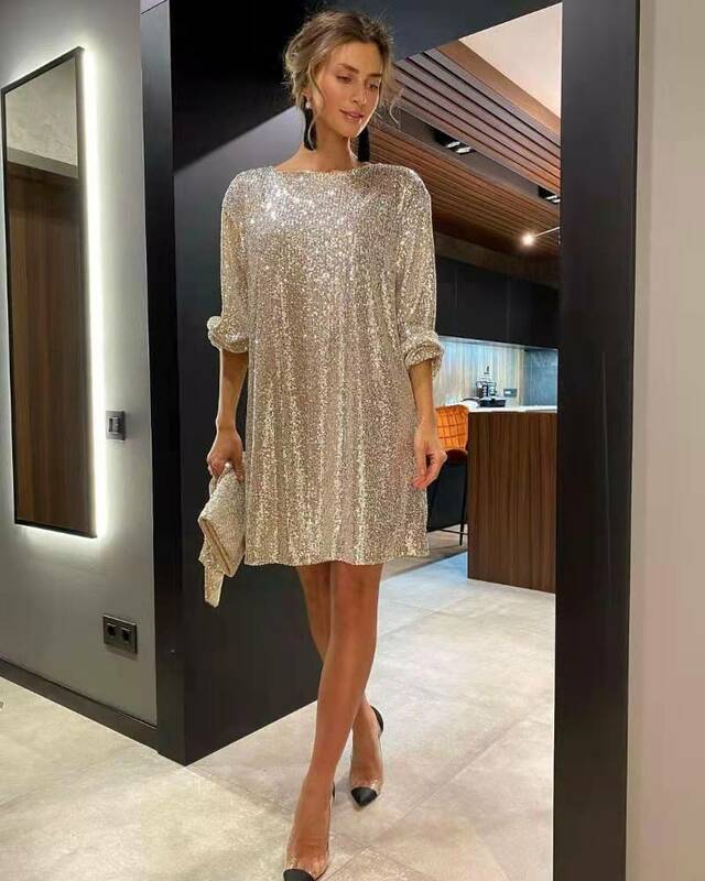 Fashion Sparkly Short Party Dress For Women 2024 New Sequins Long Sleeve Female Clothes Lace-up O-neck Loose Ladies Prom Dresses