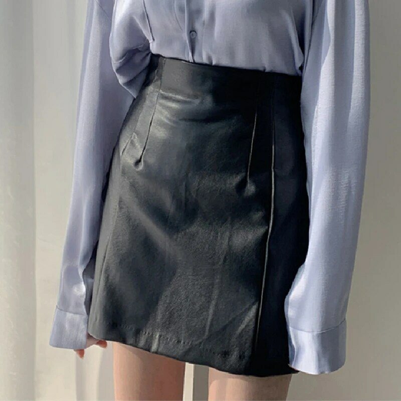 Зимняя женская короткая трапециевидная юбка с высокой талией, повседневная винтажная однотонная мини-юбка, женская модная облегающая юбка из искусственной кожи, женские юбки
