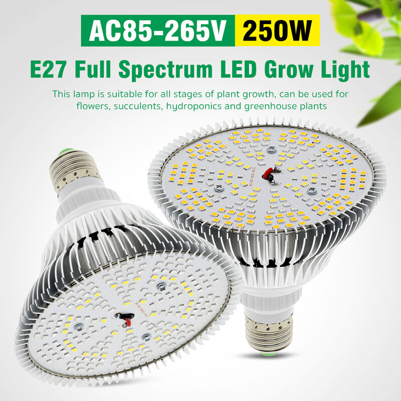 Bombilla LED de espectro completo para cultivo, luz solar para plantas con interruptor de sincronización, cable/trípode para tienda de campaña, 85-265V, E27, 250W