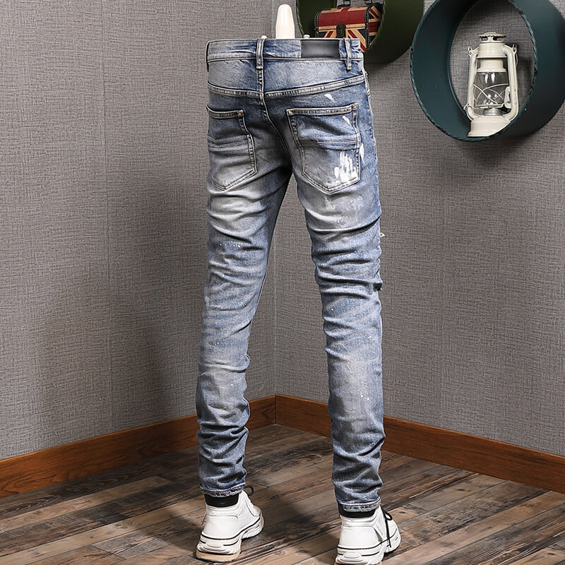 Уличные модные мужские джинсы в стиле ретро, потертые синие Стрейчевые зауженные рваные джинсы, мужские дизайнерские Брендовые брюки в стиле хип-хоп с принтом