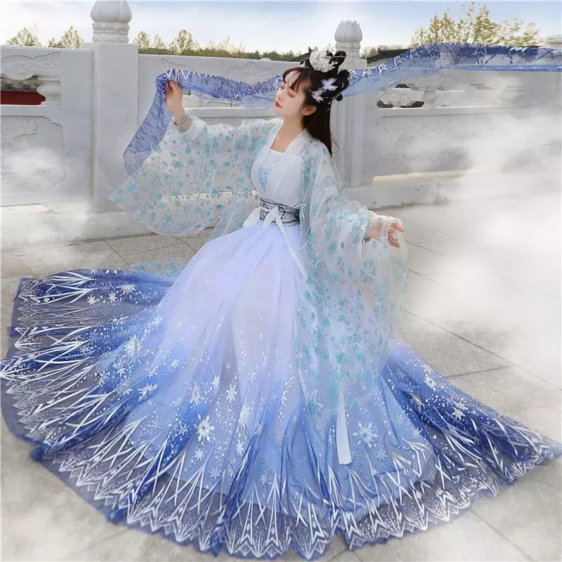 Vestido tradicional chinês hanfu para mulheres, vestido gradiente cintilante de lantejoulas estrela do carnaval, vestido formal de baile, presente de aniversário e Natal 2024
