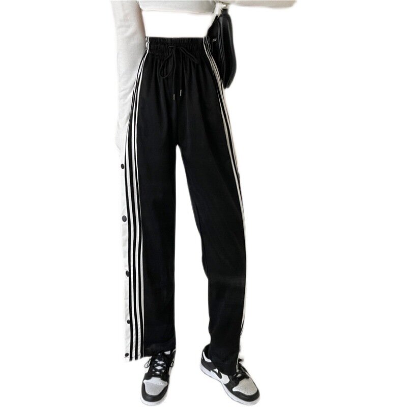 Pantalones elásticos de cintura alta para mujer, pantalón holgado informal de pierna ancha con botones, diseño fino y con abertura, nueva versión coreana, Verano