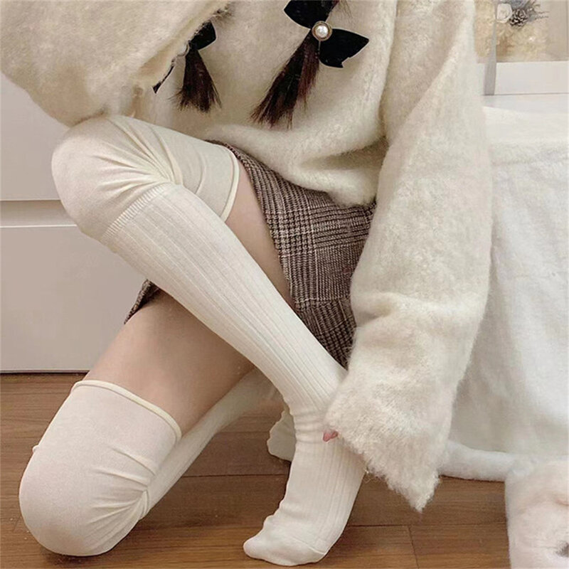 Meias de algodão altas para coxa para mulheres, meias longas, aquecedor de perna, monocromático, sobre o joelho, magro, meia fofa, leggings femininas de joelho longo