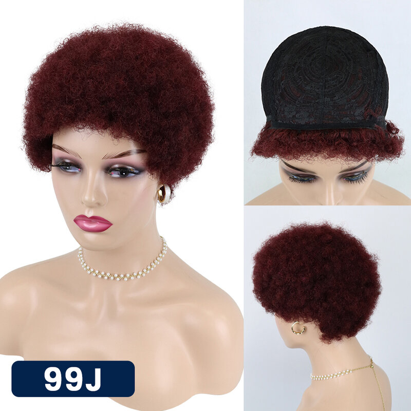 【No Lace】Afro Wig Human Hair Short Kinky Curly Puffs Ready to Wear for Women Black Burgundy Wine Full Machine Perruque Coupe