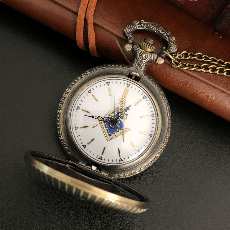 Brązowy Vintage masoński chromowany, kwadratowy masonerii i kompas Mason naszyjnik z wisiorem w stylu Retro kwarcowy zegarek kieszonkowy najlepsze prezenty