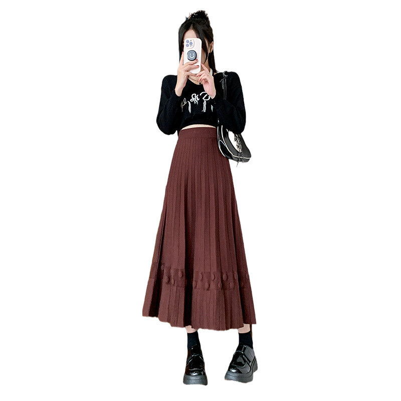 Grote Maat Mode Hoge Taille Koreaanse Stijl Losse Halflange Effen Kleur Eenvoudige Dames Gebreide Rok