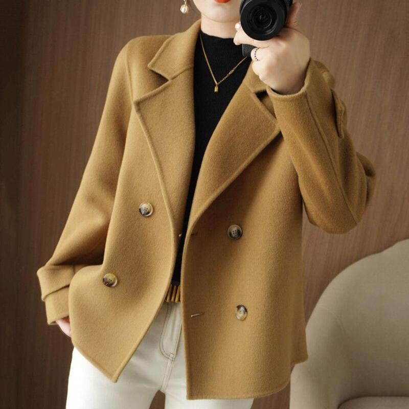 Kurzer zweireihiger Woll mantel koreanische Mode Damen jacke Knöpfe Revers Kerbe Kragen Langarm lässig Trenchcoat Outwear