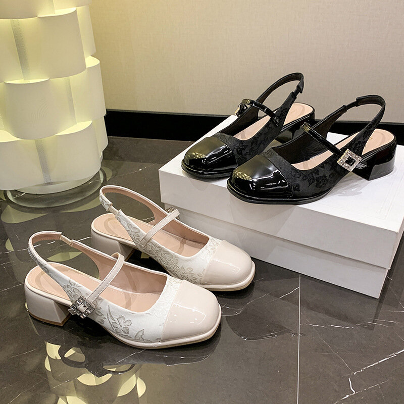 Sapatos Mary Jane cabeça redonda para mulheres, salto alto bordado, fivela de cabeça redonda, novo estilo chinês, estilista feminina, 2024