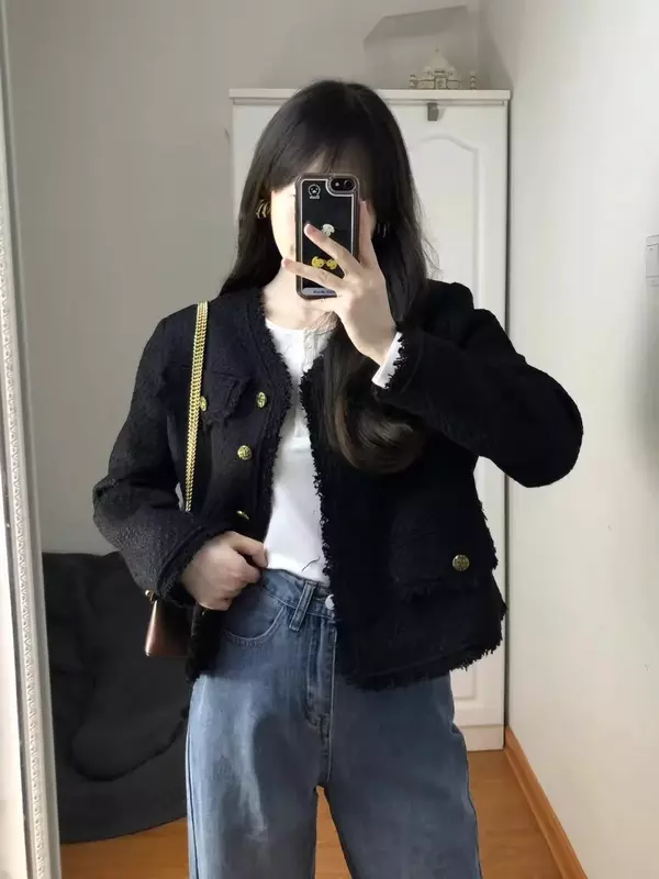 Женская уникальная короткая твидовая куртка с круглым вырезом, новый стиль весна-осень 2023, женское элегантное нежное пальто в Корейском стиле для знаменитостей