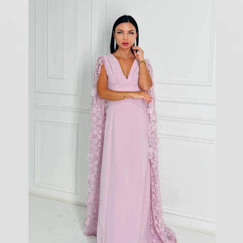 Ball Dress Evening Saudi Arabia Jersey Flower Beading Ruched Evening A-line V-neck Bespoke Occasion Gown Long Dresses