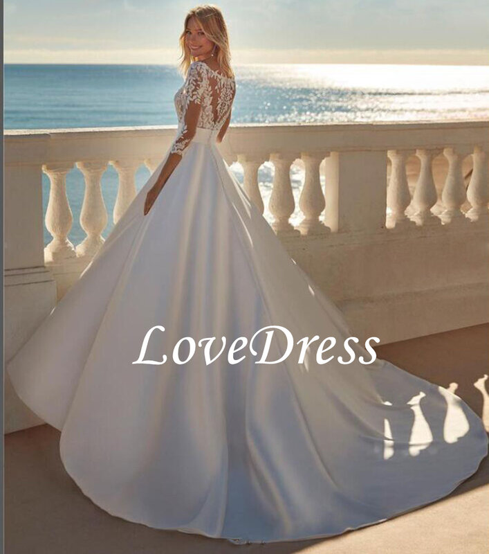 LoveDress-vestido de novia elegante con cuello en V para mujer, manga larga, línea A, Espalda descubierta, apliques de encaje, diseño Simple, hecho A medida, barato