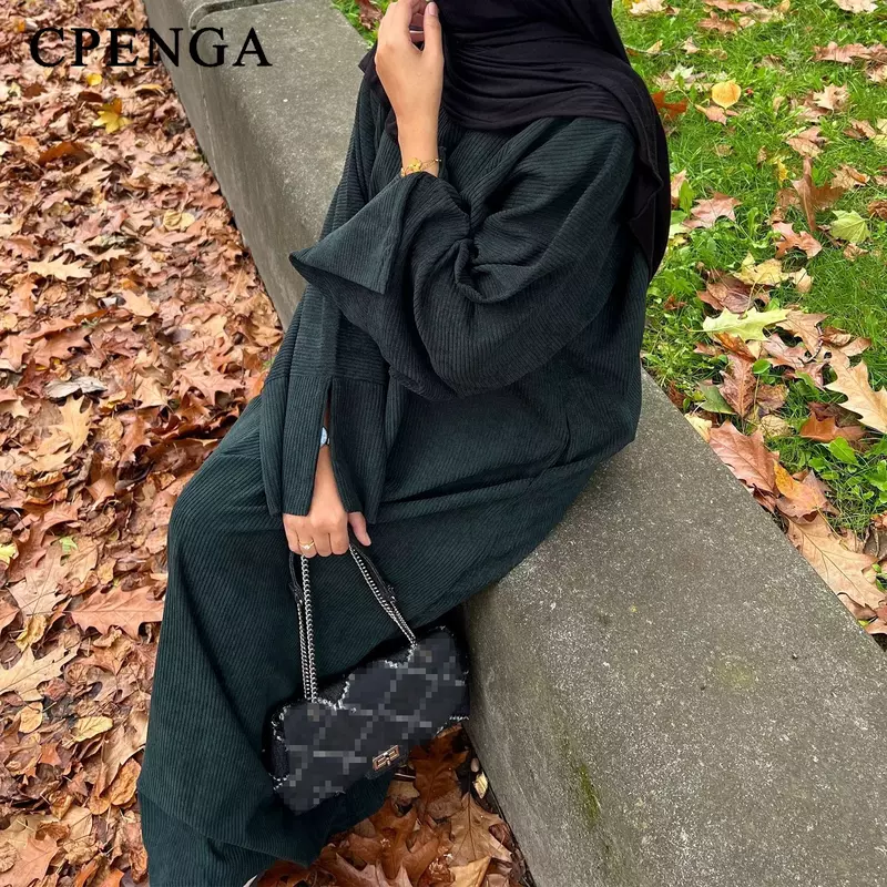 Abayas musulmanas de pana para mujer, vestido modesto grueso, bata larga de Color sólido, ropa islámica para invierno, novedad de 2023