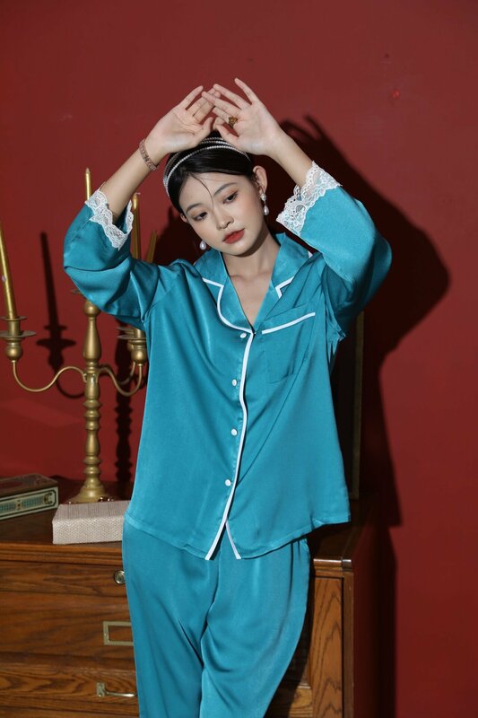 Pijama de renda casual feminino, veludo algodão, monocromático, manga longa, calça solta, roupas femininas lounge, roupa caseira, 2 conjuntos