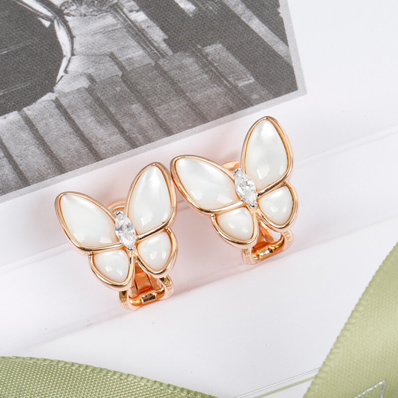 High quality 925 sterling silver white mother-of-pearl butterfly earrings exquisite women's fashion classic luxury brand jewelry