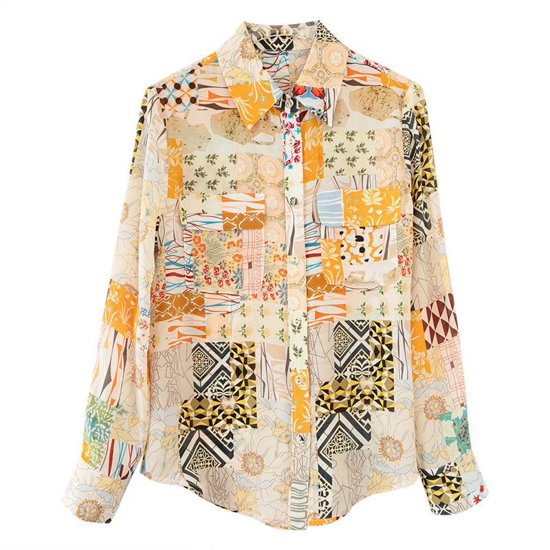 Высококачественная уникальная рубашка из шелка тутового шелкопряда с асимметричным принтом, женская рубашка с лацканами, женские блузы, элегантные цельные блузки Y2k