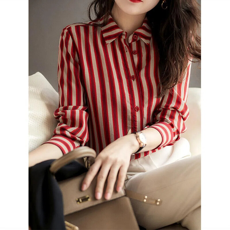 French Style Fashion Spring Shirts New Women's Polo-Neck Striped Single Breasted Simplicity Versatile Loose Long Sleeve Tops