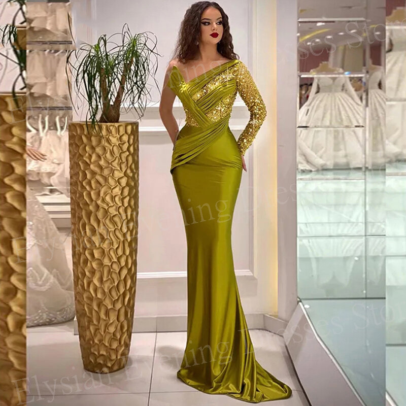 Arabia Luxurious Modern Women's Mermaid Shiny Evening Dresses Charming One Shoulder Pleated Prom Gowns فساتين للمناسبات الرسمية