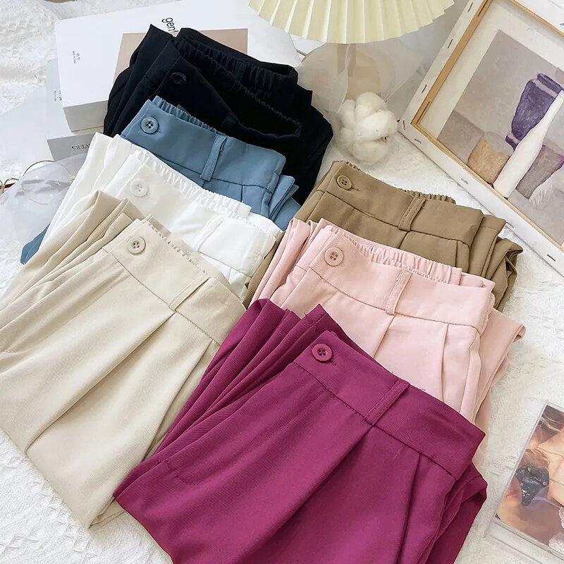 Suit Pants Women's Casual Pants Spring Summer Solid Color Elastic Waist Ankle-Length Pants Female Cosy Loose Straight Trousers