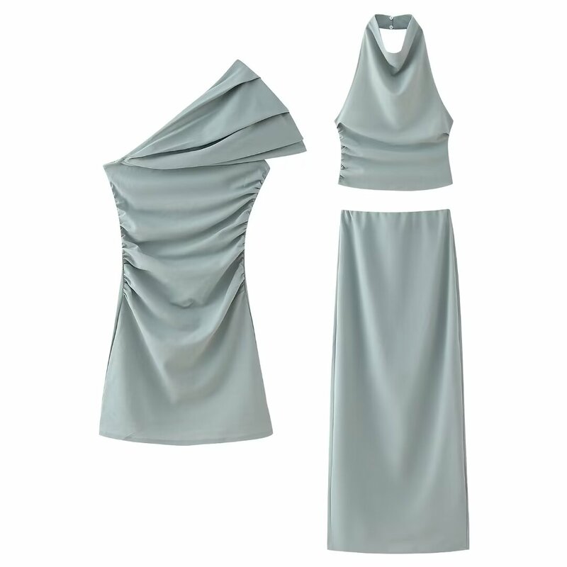 Women's 2024 New Fashion Pleated decoration Tight Off Shoulder Asymmetric Mini Dress Retro Sleeveless Women's Dress Mujer