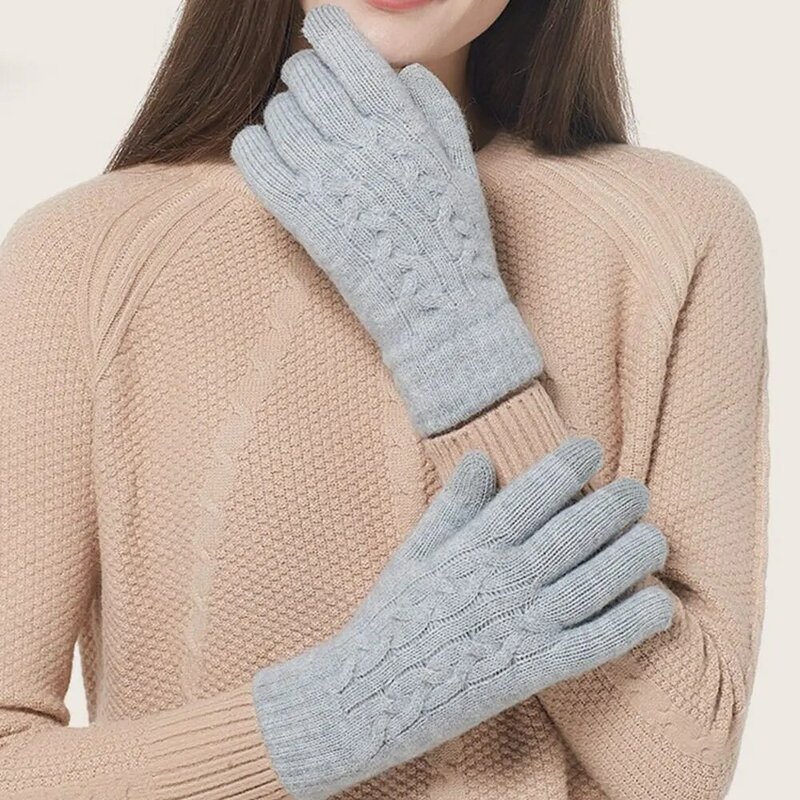 Однотонные теплые вязаные перчатки, модные плотные велосипедные перчатки для сенсорных экранов, бархатные ветрозащитные перчатки с закрытыми пальцами