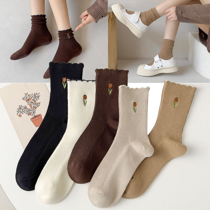Knitting Medium Tube Socks For Women Tulip Printing Cute Solid Socks Simple Fashion Autumn and Winter Warm Knitting Floor Sock