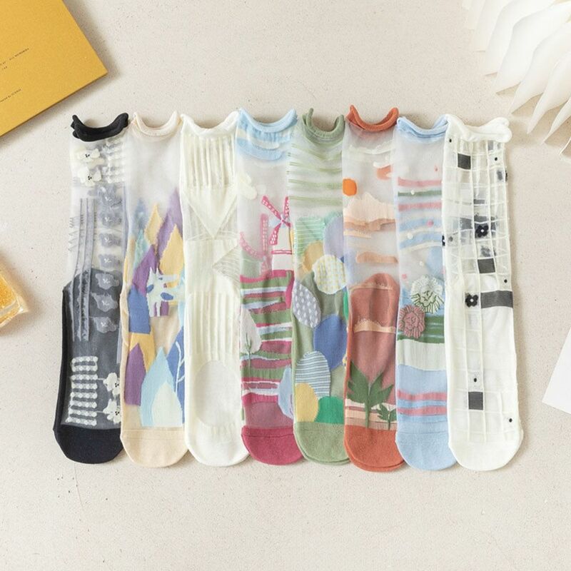 Asymmetry Floral Retro Socks Girls Women Sweet Mesh Middle Tube Socks Summer Ultra-thin Transparent Glass Silk Socks