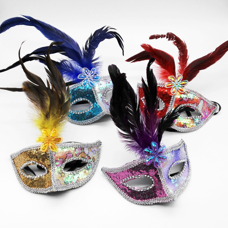 Sequins Feather Half Face Eye Masks Stage Performance Halloween Dance Masquerade Party Adjustable Mask Supplies Decoration Props