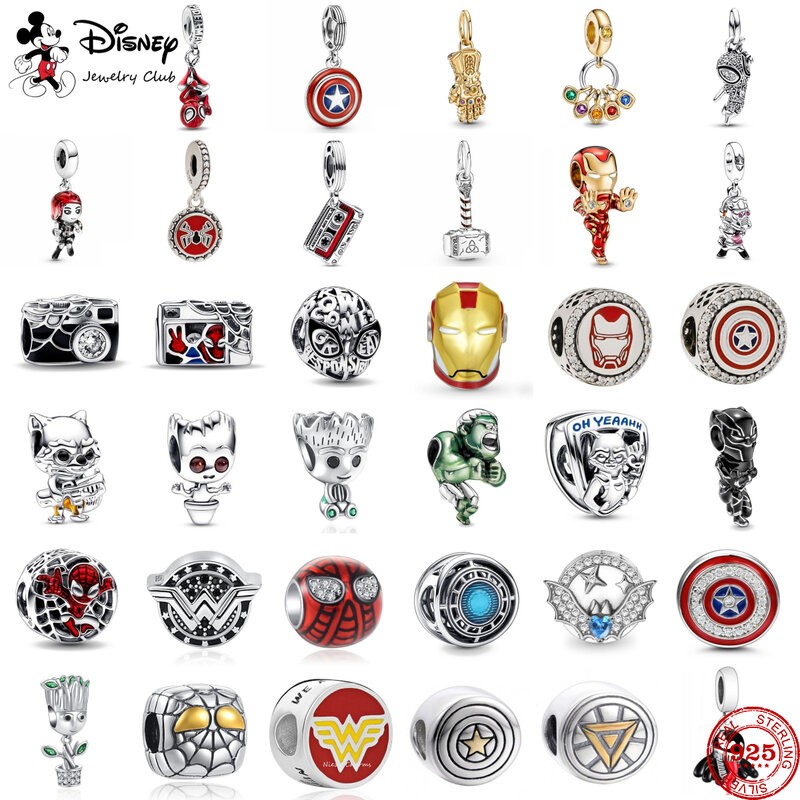 Disney-925 Sterling Silver Charme Beads, DIY Pingente Fino, Spider Man Pulseira, Filme Anime Character, Original